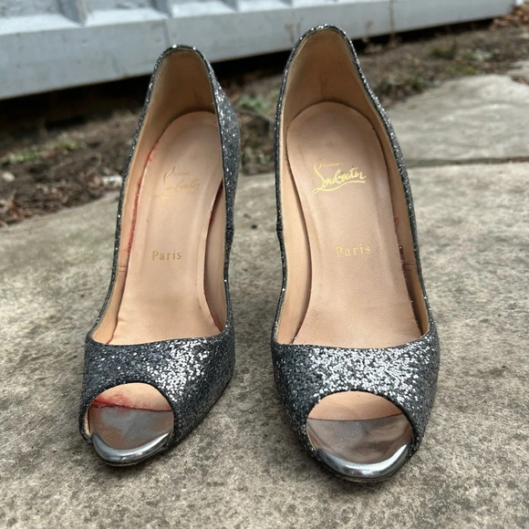Christian Louboutin Metallic Grey Glitter Very Prive Peep Toe Pumps, Size 38.5 - Picture 5 of 16